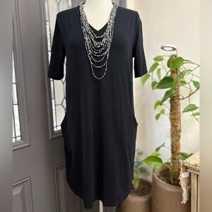 Eileen Fisher Black V-Neck A-Line Dress with Pockets | Size Large
